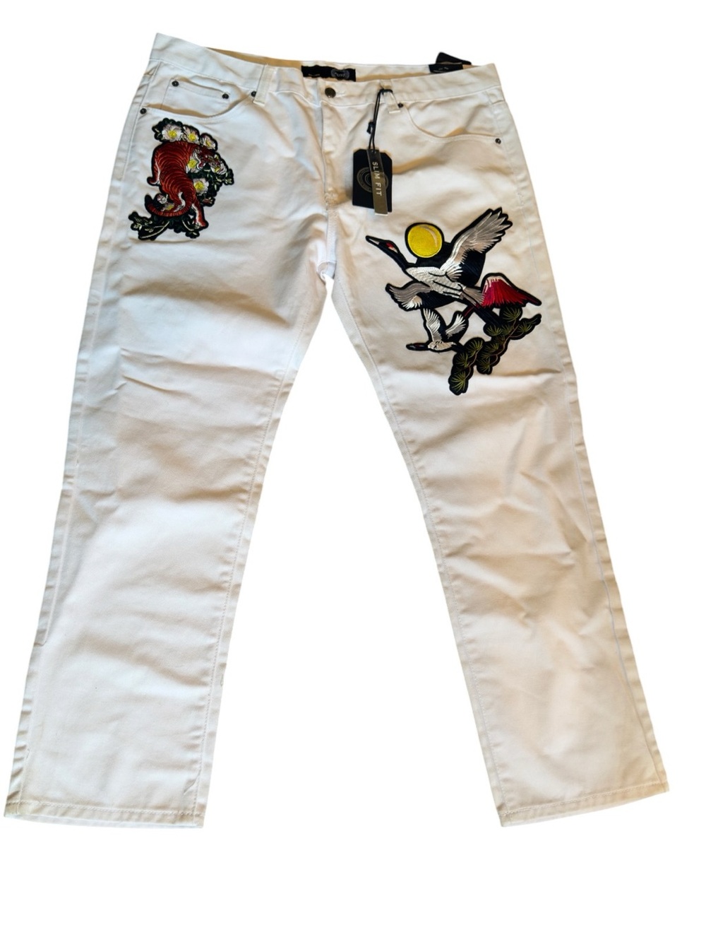 White Hip Hop Street Embroidered Men’s Jeans with Crane & Tiger Koi Motif